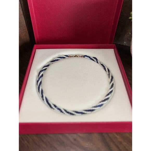 New Necklace Beaded Twisted French Rope Royal Blue And White - Picture 1 of 4